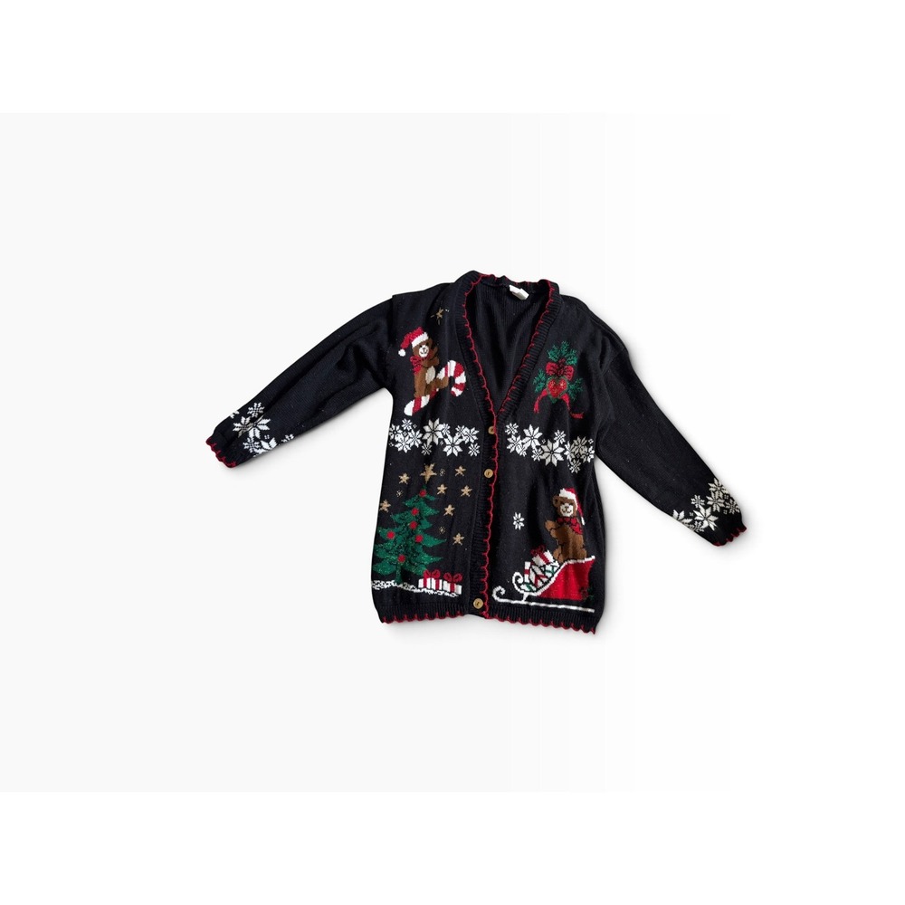 Vintage 90s Holiday Time Cardigan Large Black Ugly Christmas Sweater Teddy Bear